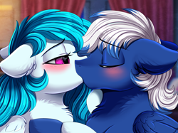 Size: 2379x1783 | Tagged: safe, artist:pridark, imported from derpibooru, imported from ponybooru, oc, oc only, pegasus, pony, blushing, chest fluff, clothes, couple, cute, daaaaaaaaaaaw, duo, eyes closed, kissing, looking at each other, oc x oc, ocbetes, one eye closed, raffle winner, red eyes, scarf, shipping, smiling