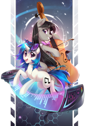 Size: 2605x3811 | Tagged: safe, alternate version, artist:makaronder, artist:reptilies-conder, imported from derpibooru, dj pon-3, octavia melody, vinyl scratch, earth pony, pony, unicorn, bow (instrument), bowtie, cello, cello bow, glasses, glasses off, glowing horn, horn, musical instrument, open mouth, simple background, synthesizer, transparent background, violin