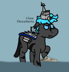 Size: 635x668 | Tagged: safe, artist:loshad the bughorse, artist:un simple tio, imported from derpibooru, oc, oc only, oc:loshad, changeling, hybrid, battleship, battleship ponies, frigate, male, navy, ocean, scar, scarred, solo