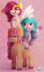 Size: 388x632 | Tagged: safe, artist:frigidmare, artist:torridline, imported from derpibooru, izzy moonbow, pipp petals, sunny starscout, earth pony, pegasus, pony, unicorn, abstract background, braid, female, g5, looking at you, mare, open mouth, pipp, raised hoof, signature, spread wings, unamused, unshorn fetlocks, wings
