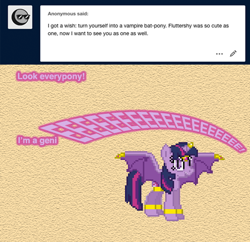 Size: 504x487 | Tagged: safe, artist:verve, imported from derpibooru, twilight sparkle, alicorn, bat pony, bat pony alicorn, genie, pony, ask genie twilight, ask, bat ponified, bat wings, eeee, female, horn, mare, race swap, solo, species swap, twibat, twilight sparkle (alicorn), wings