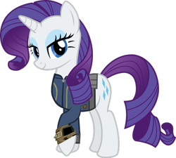 Size: 1255x1132 | Tagged: safe, artist:andoanimalia, artist:ponygamer2020, imported from derpibooru, rarity, pony, unicorn, fallout equestria, beautiful, clothes, eyeshadow, fallout, female, jumpsuit, looking at you, makeup, mare, pipboy, simple background, solo, transparent background, vault suit, vector