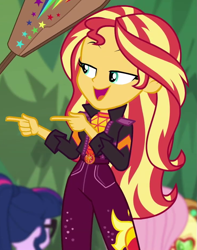 Size: 731x928 | Tagged: safe, imported from derpibooru, screencap, applejack, fluttershy, sci-twi, sunset shimmer, twilight sparkle, equestria girls, equestria girls series, sunset's backstage pass!, spoiler:eqg series (season 2), cropped, female, finger gun, finger guns, geode of empathy, magical geodes