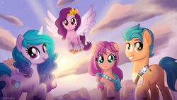 Size: 3840x2160 | Tagged: safe, artist:limedazzle, imported from derpibooru, imported from ponybooru, hitch trailblazer, izzy moonbow, pipp petals, sunny starscout, earth pony, pegasus, pony, unicorn, adorapipp, badge, bag, cloud, cloven hooves, cute, cutie mark, female, g4, g5, g5 to g4, group, high res, izzybetes, looking at you, looking back, looking back at you, male, mare, open mouth, pipp, sky, smiling, spread wings, stallion, sunnybetes, unshorn fetlocks, wings