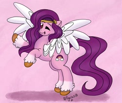 Size: 1947x1646 | Tagged: safe, artist:indigoskiesmod, imported from derpibooru, pipp petals, pegasus, pony, blushing, female, g5, looking at you, mare, one eye closed, open mouth, pipp, raised hoof, signature, solo, spread wings, unshorn fetlocks, wings, wink