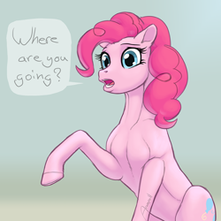 Size: 1000x1000 | Tagged: safe, artist:arareroll, imported from derpibooru, pinkie pie, earth pony, pony, detailed, dialogue, female, gradient background, mare, muscles, offscreen character, open mouth, raised hoof, sitting, solo, speech bubble, talking to viewer