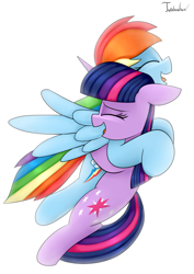 Size: 2480x3507 | Tagged: safe, artist:twidasher, imported from derpibooru, rainbow dash, twilight sparkle, pegasus, pony, unicorn, duo, eyes closed, female, hug, lesbian, open mouth, shipping, signature, simple background, twidash, unicorn twilight, white background