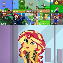 Size: 2896x2896 | Tagged: safe, edit, edited screencap, imported from derpibooru, screencap, sunset shimmer, human, yoshi, a fine line, equestria girls, equestria girls series, cat luigi, cat mario, crossover, excited, f.l.u.d.d., gamer sunset, geode of empathy, goomba, luigi, magical geodes, mar10 day, mario, nintendo, obligatory human, obligatory pony, super mario 3d world, super mario 64, super mario bros., super mario bros. 2, super mario bros. 3, super mario galaxy, super mario galaxy 2, super mario odyssey, super mario sunshine, super mario world, super star