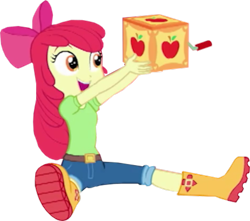 Size: 1200x1060 | Tagged: safe, edit, edited screencap, imported from derpibooru, screencap, apple bloom, equestria girls, equestria girls series, holidays unwrapped, spoiler:eqg series (season 2), adorabloom, background removed, boots, bow, box, clothes, cute, hair bow, jack in the box, jack-in-the-box, jeans, not a vector, open mouth, pants, shirt, shoes, sitting, smiling, solo, the cider louse fools