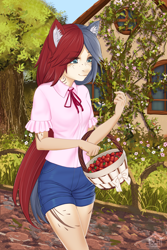 Size: 2000x3000 | Tagged: safe, artist:slh, imported from derpibooru, oc, oc only, oc:irdbee, anthro, blue eyes, bush, cottagecore, cute, female, flower, food, garden, house, road, solo, solo female, strawberry, walking