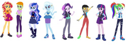 Size: 1280x454 | Tagged: safe, artist:diana173076, imported from derpibooru, discord, princess luna, rainbow dash, starlight glimmer, sunset shimmer, thorax, trixie, twilight sparkle, equestria girls, alternate universe, base used, clothes swap, eqg promo pose set