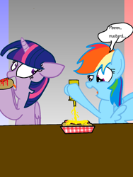 Size: 768x1024 | Tagged: safe, artist:crossovercartoons, imported from derpibooru, rainbow dash, twilight sparkle, alicorn, pegasus, pony, bottle, cute, dialogue, digital art, drawing, food, gradient background, hot dog, implied eating, ketchup, looking down, looking right, meat, mustard, open mouth, ponies eating meat, pouring, sauce, sausage, table, that pony sure does love mustard, tongue out, twilight sparkle (alicorn)