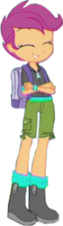 Size: 281x1000 | Tagged: safe, edit, edited screencap, imported from derpibooru, screencap, scootaloo, equestria girls, equestria girls series, fomo, spoiler:eqg series (season 2), background removed, backpack, boots, clothes, cropped, crossed arms, eyes closed, female, hoodie, legs, shoes, shorts, smiling, solo, teeth