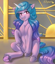 Size: 2600x3000 | Tagged: safe, artist:ellynet, imported from derpibooru, izzy moonbow, pony, unicorn, belly button, colored hooves, female, frog (hoof), g5, high res, looking at you, mare, muscles, pecs, raised hoof, sitting, solo, underhoof, unshorn fetlocks