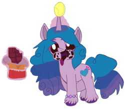 Size: 790x688 | Tagged: artist needed, source needed, safe, imported from derpibooru, izzy moonbow, pony, unicorn, spoiler:g5, ball, chocolate, cutie mark, food, g5, horn, horn guard, hornball, izzy's tennis ball, magic glow, solo, tennis ball, tongue out