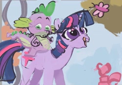 Size: 1776x1235 | Tagged: safe, artist:alumx, imported from derpibooru, twilight sparkle, butterfly, dragon, pony, unicorn, fall weather friends, dragons riding ponies, female, licking, licking lips, mare, riding, scene interpretation, spike riding twilight, tongue out, unicorn twilight