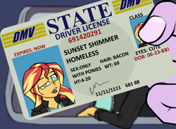 Size: 2473x1822 | Tagged: safe, artist:thehuskylord, imported from derpibooru, sci-twi, sunset shimmer, twilight sparkle, pony, equestria girls, car, driver's license, faic, fake, foster's home for imaginary friends, homeless, homesick shimmer, implied human on pony action, implied interspecies, no pupils, reference, text