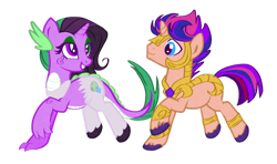 Size: 800x472 | Tagged: safe, artist:xnvy, imported from derpibooru, oc, oc only, oc:hallow bastion, oc:opal eminence, dracony, dragon, hybrid, pony, unicorn, armor, duo, interspecies offspring, offspring, parent:flash sentry, parent:rarity, parent:spike, parent:twilight sparkle, parents:flashlight, parents:sparity, simple background, transparent background