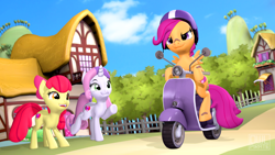 Size: 3840x2160 | Tagged: safe, artist:owlpirate, imported from derpibooru, apple bloom, scootaloo, sweetie belle, earth pony, pegasus, pony, unicorn, 3d, bandaid, bandaid on nose, cutie mark, cutie mark crusaders, female, filly, helmet, moped, ponyville, scooter, the cmc's cutie marks, trio, vespa