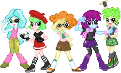 Size: 334x202 | Tagged: safe, artist:botchan-mlp, imported from derpibooru, cherry crash, mystery mint, paisley, scribble dee, watermelody, a queen of clubs, equestria girls, equestria girls series, animated, background human, blinking, club, cute, female, pixel art, pose, sailor jupiter, sailor mars, sailor mercury, sailor moon, sailor venus, scribblebetes, simple background, skull, sprite, transparent background, yorick