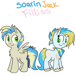 Size: 2000x2000 | Tagged: safe, artist:lejose, imported from derpibooru, oc, oc only, earth pony, pegasus, pony, blank flank, duo, female, filly, freckles, handkerchief, offspring, parent:applejack, parent:soarin', parents:soarinjack, simple background, white background