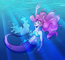 Size: 1521x1399 | Tagged: safe, artist:beyond_inside, imported from derpibooru, pinkie pie, human, mermaid, monster girl, bandeau, belly button, bikini, bikini top, clothes, humanized, mermaidized, midriff, open mouth, signature, smiling, solo, species swap, swimsuit, underwater, waving