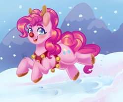 Size: 1771x1476 | Tagged: safe, artist:beyond_inside, imported from derpibooru, pinkie pie, earth pony, pony, animal costume, antlers, blushing, clothes, costume, female, harness, jingle bells, mare, mountain, open mouth, outdoors, red nose, red nosed, reindeer antlers, reindeer costume, running, signature, smiling, snow, solo, tack, unshorn fetlocks