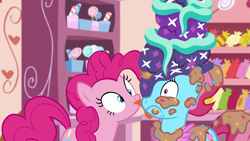 Size: 1920x1080 | Tagged: safe, imported from derpibooru, screencap, cup cake, pinkie pie, earth pony, pony, no second prances, cake, context is for the weak, duo, female, food, licking, mare, tongue out