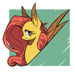 Size: 1145x1134 | Tagged: safe, artist:duckjifs246, imported from derpibooru, fluttershy, pegasus, pony, abstract background, bust, ear fluff, female, looking at you, mare, portrait, profile, smiling, solo, wings