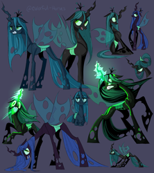 Size: 2941x3313 | Tagged: safe, artist:syrupyyy, artist:watchoutoprah, imported from derpibooru, queen chrysalis, changeling, changeling queen, alternate hairstyle, angry, annoyed, blue background, female, glowing horn, gritted teeth, horn, magic, open mouth, queen chrysalis is not amused, raised hoof, simple background, sitting, solo, unamused