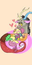 Size: 540x1080 | Tagged: safe, artist:cocolove2176, imported from derpibooru, discord, fluttershy, draconequus, pegasus, pony, blushing, clothes, discoshy, eyelashes, eyes closed, female, heart, hug, male, mare, shipping, straight, wings