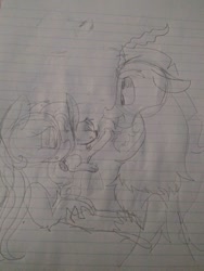 Size: 780x1040 | Tagged: safe, artist:cocolove2176, imported from derpibooru, angel bunny, discord, fluttershy, draconequus, pegasus, pony, rabbit, animal, bust, discoshy, female, lineart, lined paper, male, mare, shipping, straight, traditional art