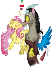 Size: 780x1040 | Tagged: safe, artist:cocolove2176, imported from derpibooru, discord, fluttershy, draconequus, pegasus, pony, blushing, chest fluff, discoshy, ear fluff, eyes closed, female, flying, holly, holly mistaken for mistletoe, kissing, male, mare, shipping, simple background, straight, surprised, white background, wide eyes, wingless