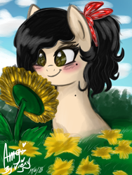 Size: 768x1024 | Tagged: safe, artist:amgiwolf, imported from derpibooru, oc, oc only, oc:amgi, earth pony, pony, blushing, bust, cloud, earth pony oc, eyelashes, female, flower, mare, outdoors, signature, smiling, sunflower