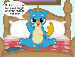 Size: 3534x2685 | Tagged: safe, artist:porygon2z, imported from derpibooru, gallus, griffon, beckoning, bed, implied canon x oc, implied oc, implied railus, implied raiza, implied shipping, implied straight, male, paws, underpaw