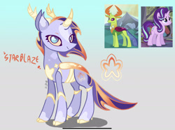 Size: 2241x1668 | Tagged: safe, artist:caramelbolt24, imported from derpibooru, screencap, starlight glimmer, thorax, oc, oc:starblaze, changedling, changeling, hybrid, pony, unicorn, the crystalling, to where and back again, abstract background, antlers, changedling oc, changeling oc, ear fluff, female, horn, interspecies offspring, king thorax, looking back, male, mare, offspring, parent:starlight glimmer, parent:thorax, screencap reference, signature, smiling