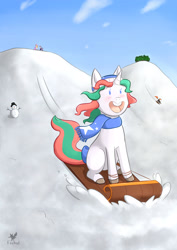 Size: 1752x2480 | Tagged: safe, artist:foxhatart, imported from derpibooru, oc, oc only, oc:mint, pony, unicorn, female, mare, sled, snow, solo, winter