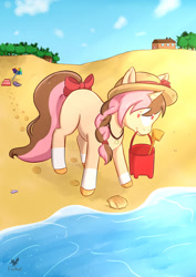 Size: 1752x2480 | Tagged: safe, artist:foxhatart, imported from derpibooru, oc, oc only, oc:neopolitan, pony, unicorn, beach, bow, braid, bucket, female, hat, mare, mouth hold, seashell, solo, summer, tail bow, tree, water