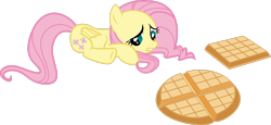 Size: 3616x1658 | Tagged: safe, artist:dash-o-salt, imported from derpibooru, fluttershy, pegasus, pony, belgian waffle, female, food, looking down, lying down, mare, newbie artist training grounds, sad, simple background, solo, transparent background, vector, waffle
