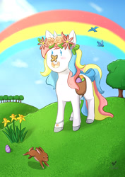 Size: 1752x2480 | Tagged: safe, artist:foxhatart, imported from derpibooru, oc, oc only, oc:melody, pony, rabbit, unicorn, animal, egg, female, floral head wreath, flower, mare, rainbow, solo, tree