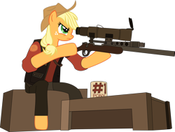 Size: 2819x2127 | Tagged: safe, artist:dash-o-salt, imported from derpibooru, applejack, earth pony, semi-anthro, #1 pony, anatomically incorrect, clothes, gun, incorrect leg anatomy, mug, newbie artist training grounds, optical sight, rifle, scope, simple background, sniper, solo, team fortress 2, transparent background, weapon