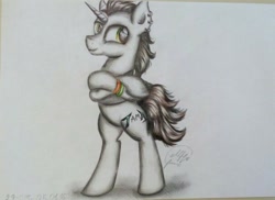 Size: 1024x744 | Tagged: safe, artist:maryhoovesfield, imported from derpibooru, oc, oc only, pony, unicorn, bipedal, bracelet, clothes, crossed arms, ear fluff, horn, jewelry, signature, smiling, solo, traditional art, unicorn oc