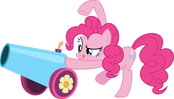 Size: 3251x1844 | Tagged: safe, artist:dash-o-salt, imported from derpibooru, pinkie pie, earth pony, pony, cannon, dreamworks face, newbie artist training grounds, party cannon, raised eyebrow, simple background, solo, tongue out, transparent background