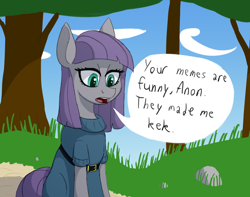 Size: 1900x1500 | Tagged: safe, artist:sufficient, imported from derpibooru, imported from ponybooru, maud pie, earth pony, pony, background pony, clothes, cloud, deadpan, dialogue, dress, implied anon, kek, maud being maud, nature, outdoors, path, rock, sitting, sky, solo, speech bubble, text, tree