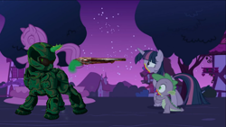 Size: 1918x1080 | Tagged: safe, edit, edited screencap, imported from derpibooru, screencap, spike, twilight sparkle, alicorn, dragon, pony, undead, unicorn, zombie, 28 pranks later, armor, building, cookie zombie, doom, doom 2016, doom guy, doom slayer, doomguy, fountain, magic, ponyville, praetor suit, rainbow muzzle, space marine, statue, super shotgun, telekinesis, tree, twilight sparkle (alicorn), video game, warhammer (game), warhammer 40k, weapon