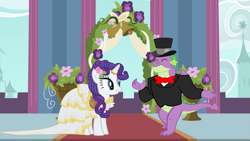 Size: 1163x654 | Tagged: safe, artist:lachlancarr1996, imported from derpibooru, rarity, spike, clothes, dress, female, flower, flower in hair, horn, horn ring, male, marriage, older, older spike, ring, shipping, sparity, straight, tuxedo, wedding, wedding dress