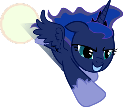 Size: 2626x2284 | Tagged: safe, artist:dash-o-salt, imported from derpibooru, princess luna, alicorn, pony, determined smile, divebomb, female, full moon, mare, moon, newbie artist training grounds, simple background, smiling, solo, sonic rainboom, transparent background