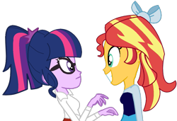 Size: 1111x758 | Tagged: safe, artist:jadeharmony, artist:jadethepegasus, imported from derpibooru, sci-twi, sunset shimmer, twilight sparkle, human, fanfic:sunset shimmer discovers her feet, equestria girls, bowtie, crossover, cute, duo, duo female, excited, fanfic art, female, glasses, happy, humanized, lesbian, scared, scitwishimmer, shimmerbetes, shipping, sunsetsparkle, the little mermaid