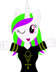 Size: 1553x1969 | Tagged: safe, artist:dash-o-salt, imported from derpibooru, oc, oc only, oc:antimony, semi-anthro, unicorn, alchemy, antimony, clothes, female, happy, looking at you, mare, one eye closed, raised hoof, shirt, simple background, solo, transparent background, wink, winking at you