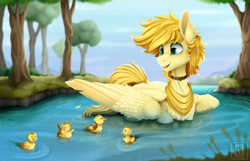 Size: 960x617 | Tagged: safe, artist:buvanybu, imported from derpibooru, oc, oc only, bird, duck, pegasus, pony, behaving like a duck, blurred background, cheek fluff, chest fluff, collar, colored pupils, commission, cute, duckling, feather, folded wings, grass, male, mountain, neckerchief, open mouth, outdoors, pegaduck, pond, sky, smiling, stallion, swimming, tree, water, wings, ych result